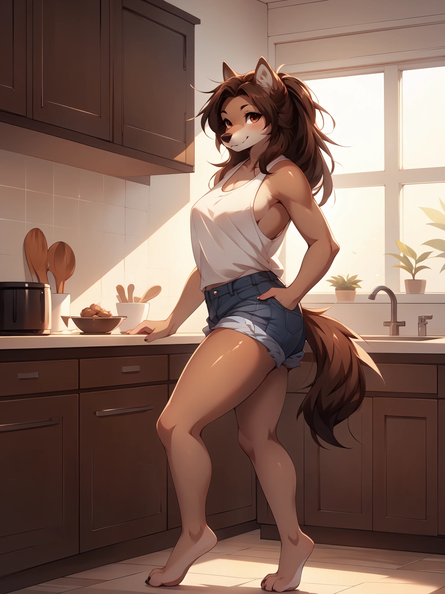 By fumiko, by hyattlen, by hioshiru, Jaiden, female brown wolf, brown eyes, long brown hair, pony tail, brown wolf tail, cute snout, black nose, tall and curvy, wearing white tank top, jean shorts, barefoot, thicc,indoors, in a kitchen, simple background