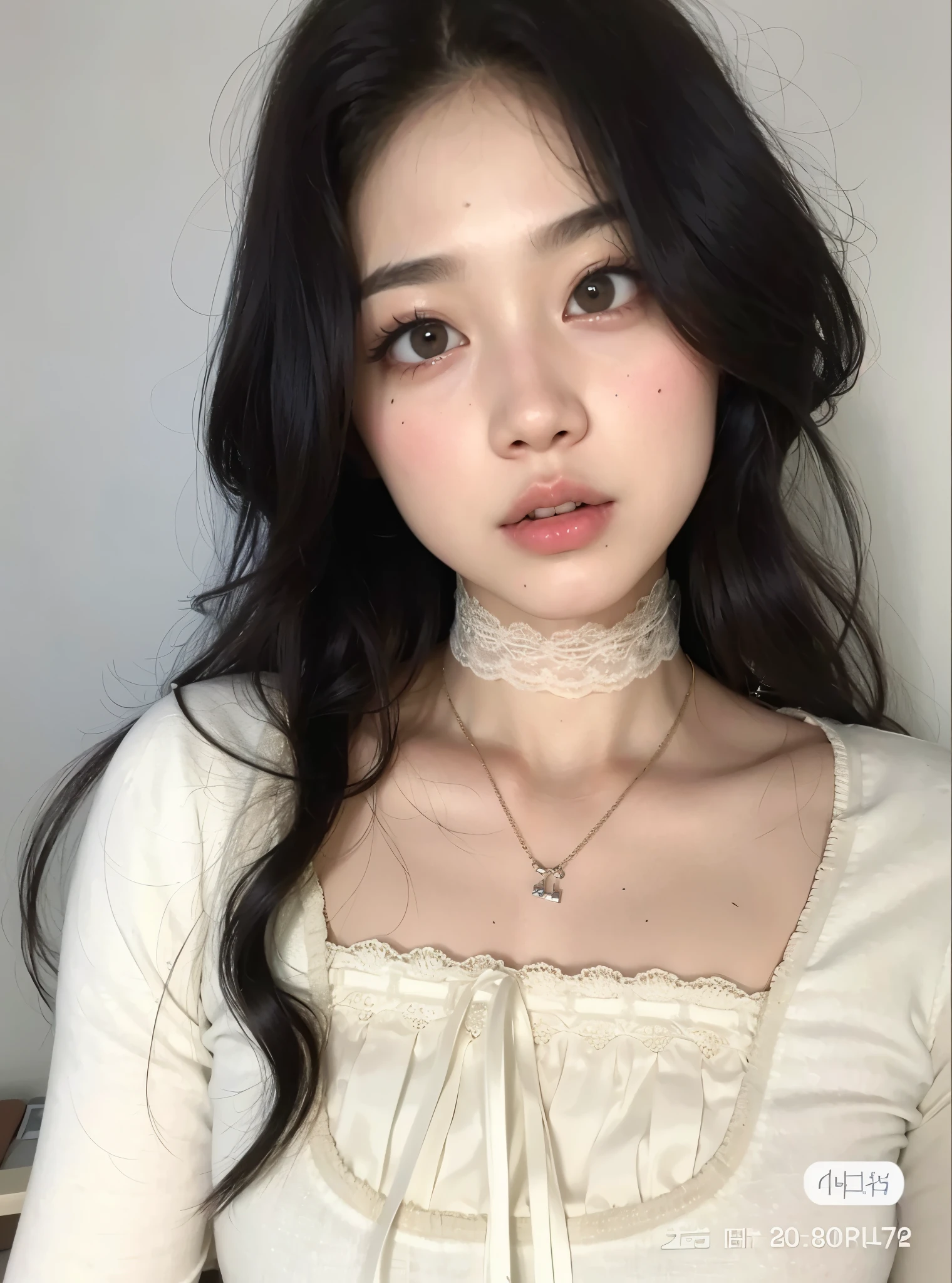 Un primer plano de una mujer con cabello largo con una blusa blanca, ulzzang, joven y adorable rostro coreano, cruel korean gothic girl, muchacha coreana, maquillaje coreano popular, maquillaje popular de corea del sur, pale porcelain white skin, rasgos de la cara coreana, Young cute pale asian face, beautiful asian girl, korean symmetrical face, pale korean adorable face, pale round face