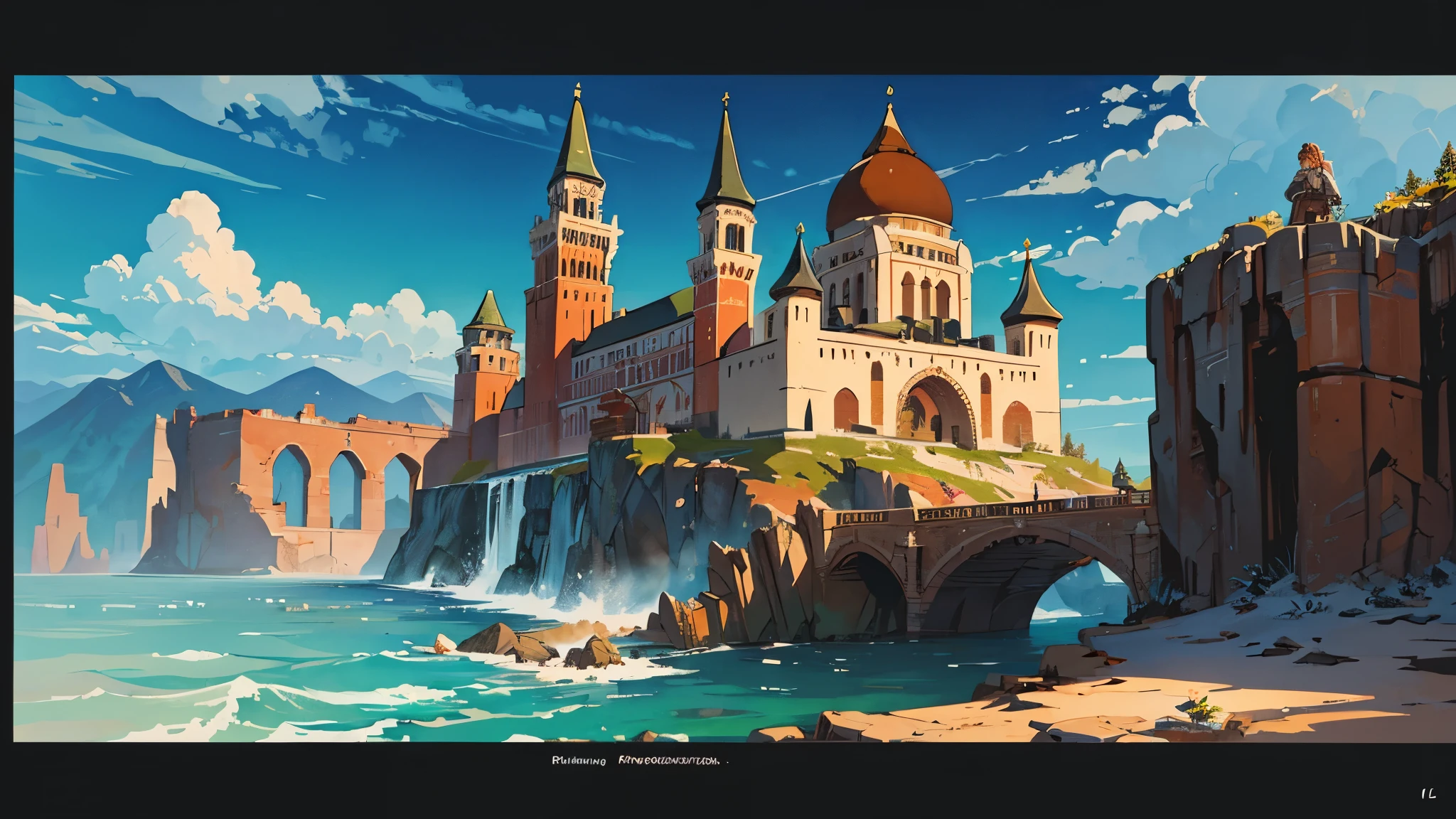 Architecture of Siberia before the Great Flood in steampunk style in ice cliffs, rusted iron Kremlin, watchtowers and walls with loophole arches, transitional staircases, rusted iron bridge, harbor, mountains around, clouds, mixed technique, watercolor on wet, architectural drawing, blot, calligraphic text and lines, pen, (black ink), colored markers, old paper, sharp focus, high resolution, colored, intricate detail, colorful