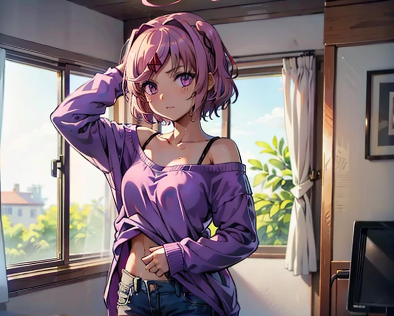 (ddlcnatsuki, fang, hair ornament, pink hair, (purple eyes:1.1), short hair, short sidetail, swept bangs, x hair ornament), standing in bedroom getting dressed, wearing an oversized shirt with only one sleeve, bra underneath shirt with one brastrap visible, one hand pulls up pants, one hand adjusts hair, soaking wet hair, messy hair, sagging shirt, panty strap visible above pants, jean pants