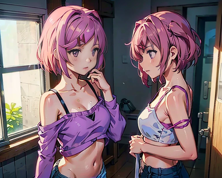 (ddlcnatsuki, fang, hair ornament, pink hair, (purple eyes:1.1), short hair, short sidetail, swept bangs, x hair ornament), standing in bedroom getting dressed, wearing an oversized shirt with only one sleeve, bra underneath shirt with one brastrap visible, one hand pulls up pants, one hand adjusts hair, soaking wet hair, messy hair, sagging shirt, panty strap visible above pants, jean pants