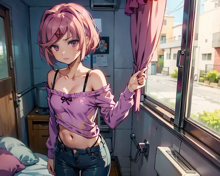 (ddlcnatsuki, fang, hair ornament, pink hair, (purple eyes:1.1), short hair, short sidetail, swept bangs, x hair ornament), standing in bedroom getting dressed, wearing an oversized shirt with only one sleeve, bra underneath shirt with one brastrap visible, one hand pulls up pants, one hand adjusts hair, soaking wet hair, messy hair, sagging shirt, panty strap visible above pants, jean pants