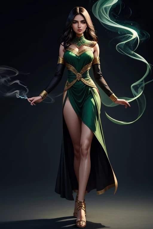 female, 5 foot 5 inches tall, slim body build, waist length wavy brunette to black hair, green eyes, 28 age, ethnicity india, ethnicity middle eastern, wizard clothing style, demure dress style, clothing not revealing, mage actively casting shadow magic, smoke effects.