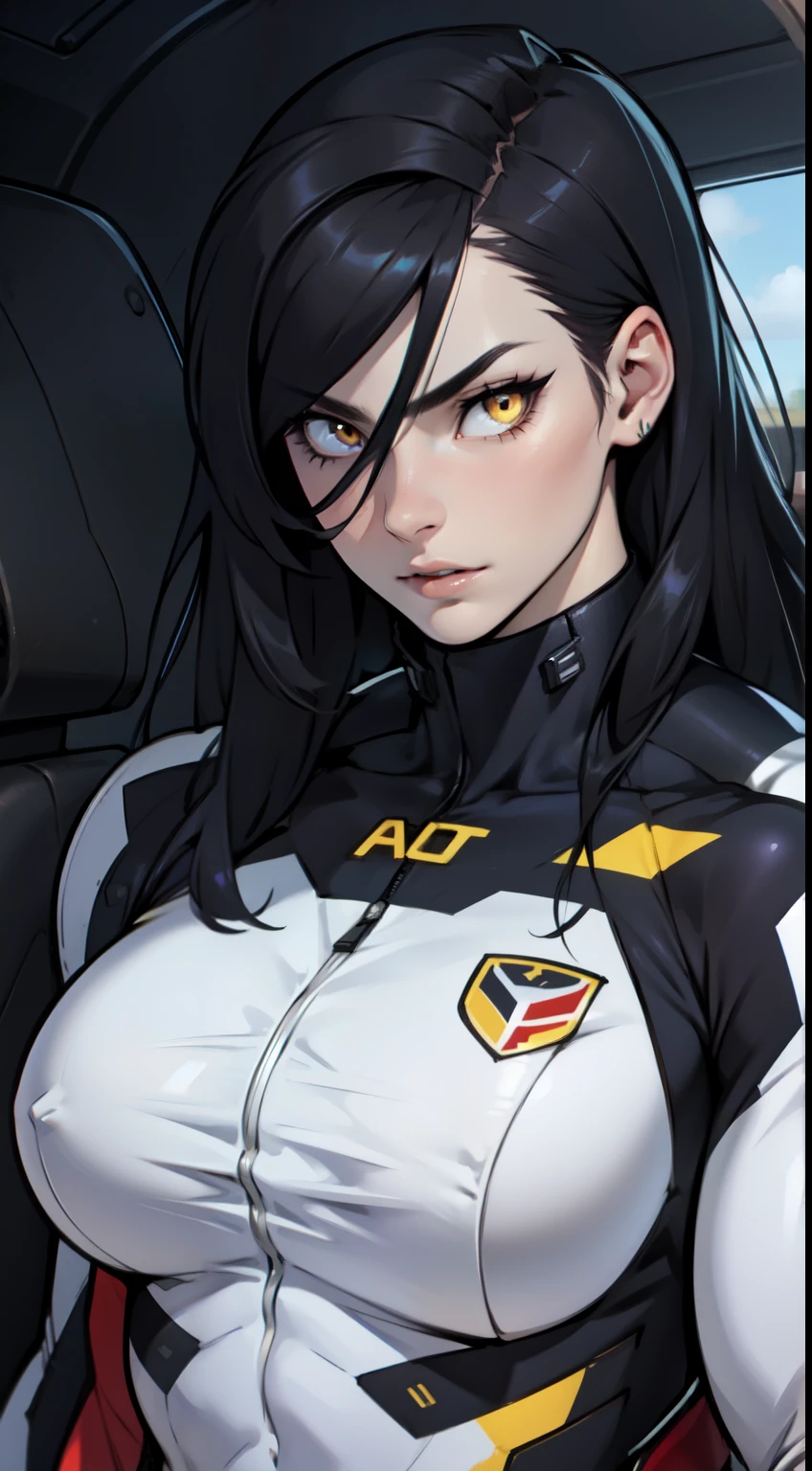 1 girl, black hair, yellow eyes, very long hair, pale skin, ((((extremely muscular)))), large breasts, (confident expression), pilot suit, close up