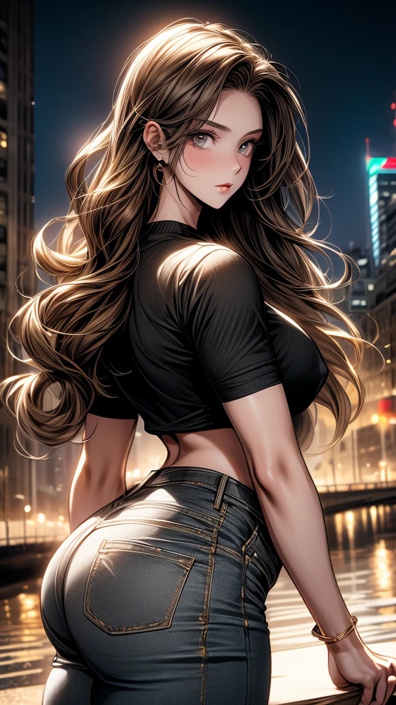 masterpiece, best quality, ultra-detailed),(1 young girl), 25 years old, dark gold eyes, long brown hair with a few strands on both sides of her face, white skinned, dynamic angle, dynamic pose, standing, natural lighting, floating, (colored top:1.2|black top), (tight skirt:1.2|jean pants:0.9), (natural background:0.8| cityscape), (serious expression), (light in the hair)