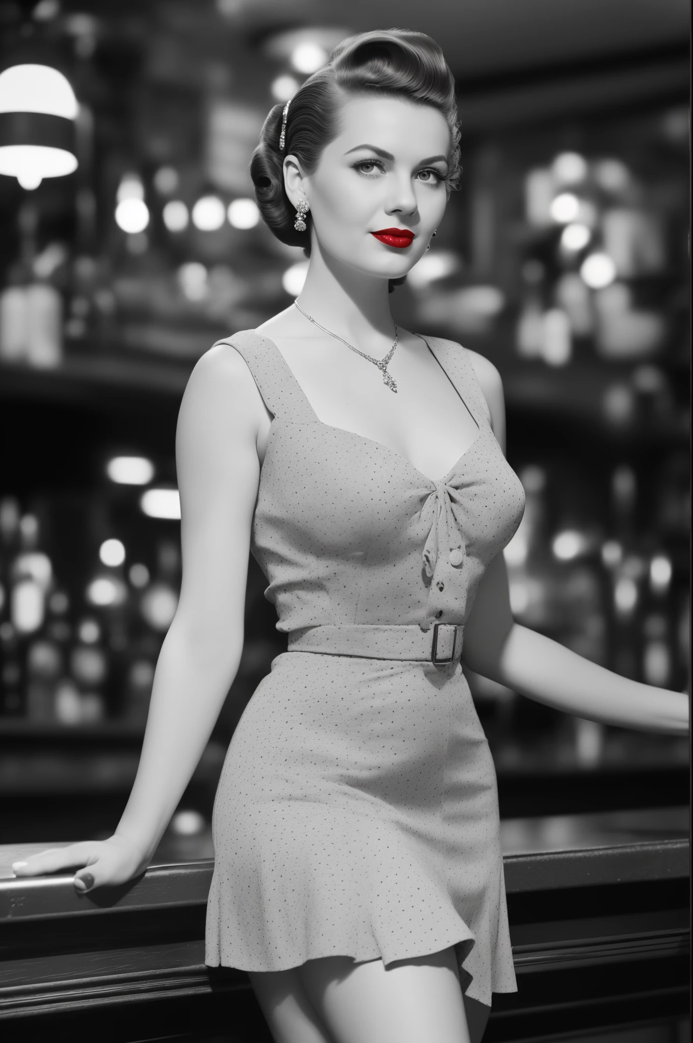 full body portrait of Betty (styled in a 1940's, Sailor Dress, highly detailed:1.3), (highly detailed face:1.8), (1940's Pompadour Hairstyle:1.3),  (slim body, red lips, blue eyes, medium breasts, small hips:1.5), (leaning back on the bar:1.5), (background inside a dark, old, 1940's big-band bar:1.4), (soft studio lighting, volumetric shadows), JCH Street Pan, ISO 100