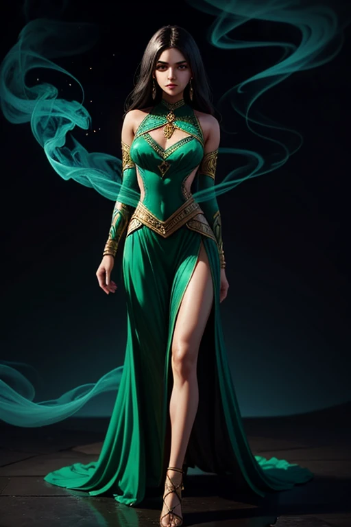 female, 5 foot 5 inches tall, slim body build, waist length wavy brunette to black hair, green eyes, 28 age, ethnicity india, ethnicity middle eastern, wizard clothing style, demure dress style, clothing not revealing, mage actively casting shadow magic, smoke effects.