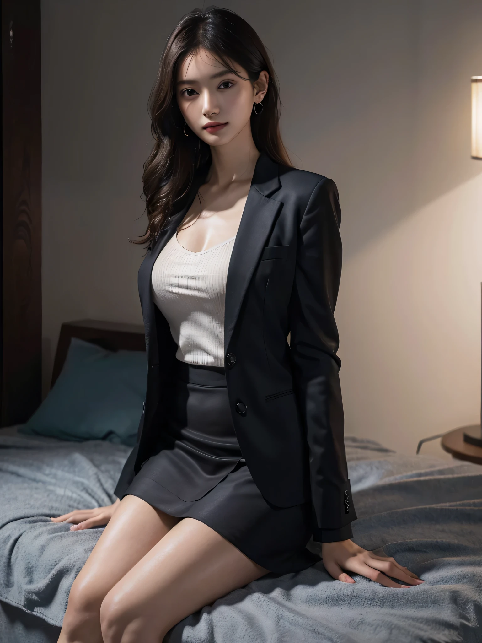 disorganized, RAW photo, very delicate and beautiful, masterpiece, highest quality, ultra high resolution, 16k, surreal, super detailed, perfect anatomy, super dense skin, perfect figure, Highly detailed CG 8k wallpaper, 20's, very slim body, (tight waist:1.2), very small head, very small face, delicate features, tearful mole, earrings, thin legs, (very huge round breasts:1.2), (full body shot:1.3), short middle hair, wavy hair, (barefoot:1.1), (suit:1.3), (camisole:1.1), skirt, (Jacket:1.1),