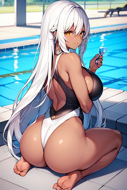 1girl, white hair, long hair, dark skin, dark-skinned female, large breasts, one-piece swimsuit, competition swimsuit, black swimsuit, ass, from behind, pool, poolside, yellow eyes, white trim, full body, sitting, wide hips, huge ass, bare legs