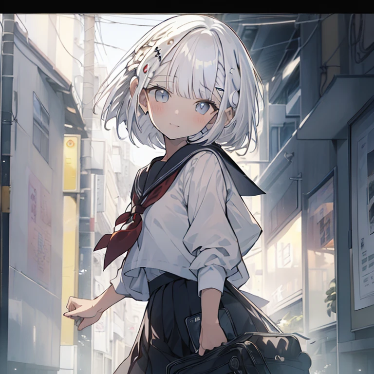 (masterpiece:1.4),best quality,highest quality,ultra detailed,extremely detailed,highres,official art,high-resolution,4K,8k,UHD, ((a girl)), (white bob hair:2.0), light blue eyes, little thin eyes, thin mouth, calm, dark red ribbon, black skirt, no jacket, classroom, school, 大人びた,detail eyes, detail face, dramatic angle, dynamic angle, best illuminate, best shadow, best illustration,extremely delicate