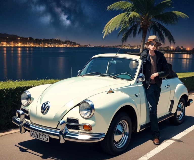 Red Vintage Beatle by Volkswagen, seaside, Palm tree、boat at anchor、Sea of night、starry skies、(from left、From before), pier、dark Knight、You can see a large green suitcase placed on a convertible car.、car travel、Ichiban star、