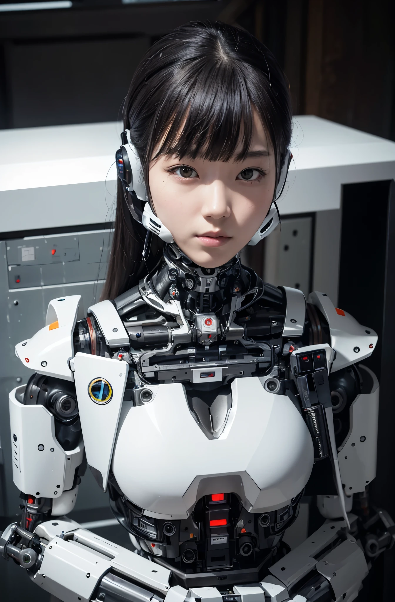masterpiece, best quality, extremely detailed, Japaese Cyborg girl,Plump , control panels,android,Droid,Mechanical Hand, Robot arms and legs, Black Robot Parts,Black hair,Mechanical body,Blunt bangs,White robotics parts,perfect robot girl,long tube,thick cable connected her neck,ceramic body ,mechanical body, mechanical ear cover, mechanical costume,android,robot,humanoid,cyborg,japanese android woman ,mechanical chest,full eyes,future laboratory,connecting a cable between the legs,white face cover