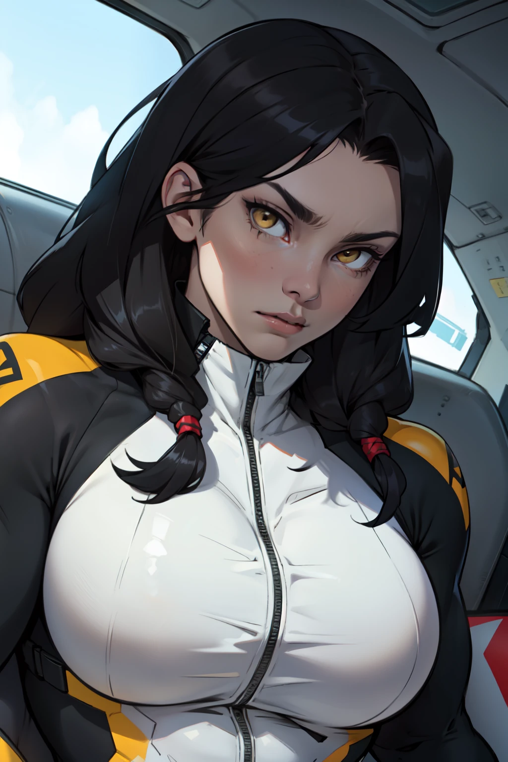 1 girl, black hair, yellow eyes, very long hair, pale skin, ((((extremely muscular)))), large breasts, (confident expression), pilot suit, close up