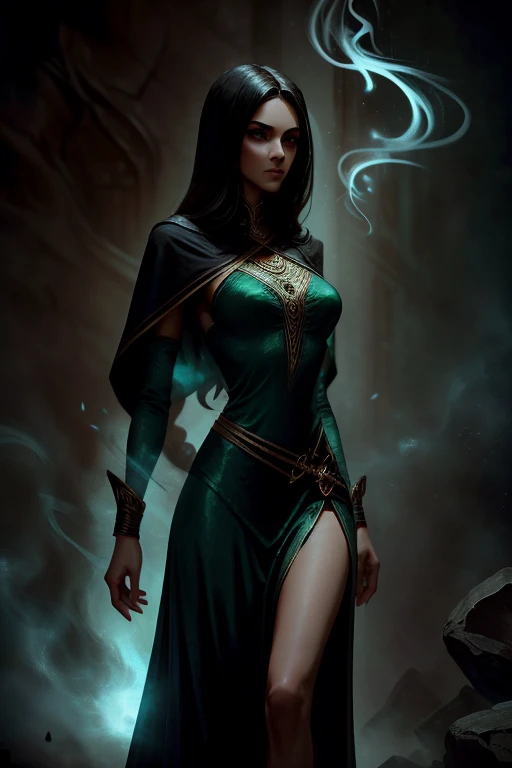 female, 5 foot 5 inches tall, slim body build, waist length wavy brunette to black hair, green eyes, 28 age, ethnicity india, ethnicity middle eastern, wizard clothing style, demure dress style, clothing not revealing, mage actively casting shadow magic, smoke effects.