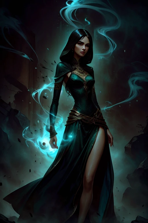 female, 5 foot 5 inches tall, slim body build, waist length wavy brunette to black hair, green eyes, 28 age, ethnicity india, ethnicity middle eastern, wizard clothing style, demure dress style, clothing not revealing, mage actively casting shadow magic, smoke effects.