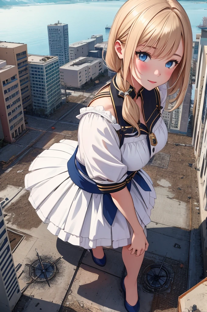 (best quality, Ultra Detailed:1.3), sharp focus, HDR, full color, vivid color, full body shot, (Blue sky, white clouds:1.0),8K quality, very delicate and beautiful , amazing, Ultra Detailed background, giantess art, BREAK,
 (1girl, solo:1.3), (college age:1.0), Shiny hair, shiny skin, (exposed skin:1.0), Sparkling eyes, (laugh:0.0),
 casual clothes, tricolor outfit, (destruction:1.3), gts, giantess, [Giantess Lactation:0.0]