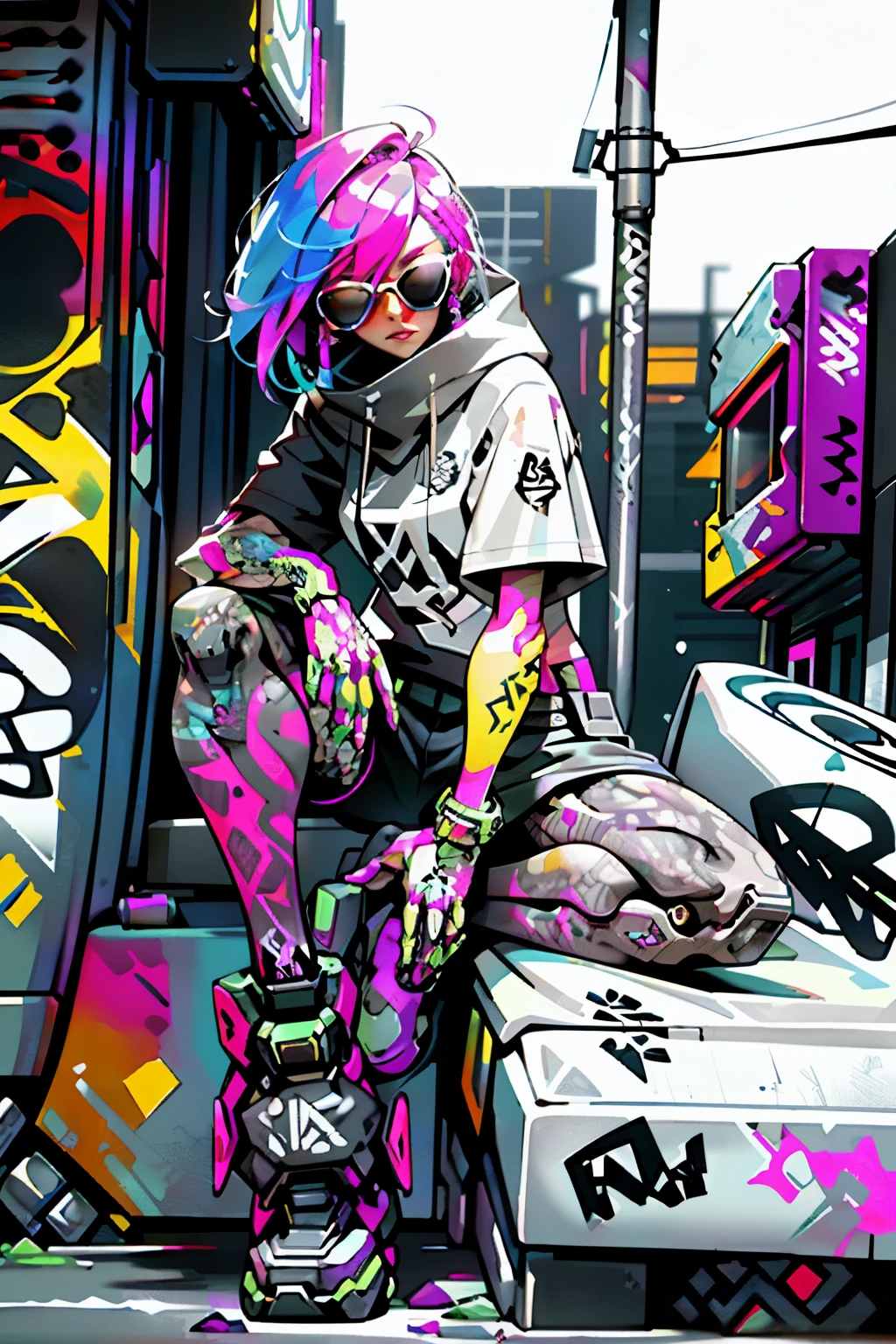 HD, (Best Detail) (Best Quality), Aalfi woman in sunglasses sitting in chair on sofa, (((Graffiti art))), (((Trigger studio style, graffiti art, rock punk, neon colors))), Carne Griffiths
