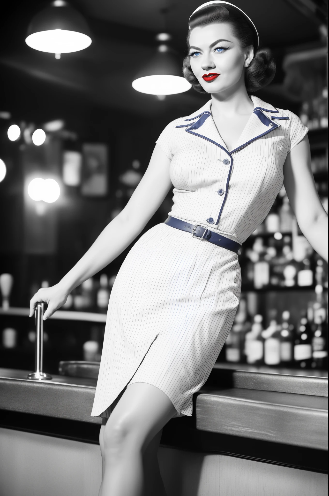 full body portrait of Betty (styled in a 1940's, Sailor Dress, highly detailed:1.3), (highly detailed face:1.8), (1940's Pompadour Hairstyle:1.3),  (slim body, small breasts, small hips:1.5), (leaning back on the bar:1.5), (background inside a dark, old, 1940's big-band bar:1.4), (soft studio lighting, volumetric shadows), JCH Street Pan, ISO 100