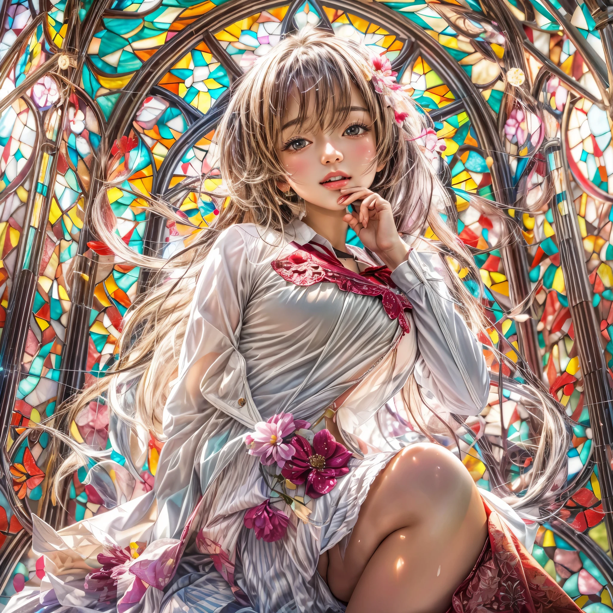(NSFW:-0.98) . White and Red, (Dazzling colorful light pours down and reflects:1.2), (Physically-based 3D Rendering with incredible detailed Textures), Award-winning Masterpiece of professional Analogue photograpy, Hasselblad Open aperture, (((Realistic and Photorealistic with touch of rawness:1.37))), (((Acutance:0.85), { from below | from side } )) . ((A group photo of many KAWAII girls in (school uniform)) with visible Overflowing Cleavage) and Navel without bra . (((Extremely detailed KAWAII face variations)) with joyful expressions), { Detailed natural eyes with sparkling highlights and long eyelashes | Rosy cheeks | Navel | (pretty Ass) | (Overflowing underboob) | Oiled ivory skin Details | White panties with (blood seeping only in crotch area) | ((full of Flowers covering girl's body:1.15)) | (((Dazzling colorful stained glass with stunning elaborate details:1.2))) | Mystic sight | A Halo ling in the air | God rays | Haze | Lens flare | Luminescent particles | Kissing face to face } . Ultra-detailed, (Exposed:0.8), (((Nipple:-0.9))) .