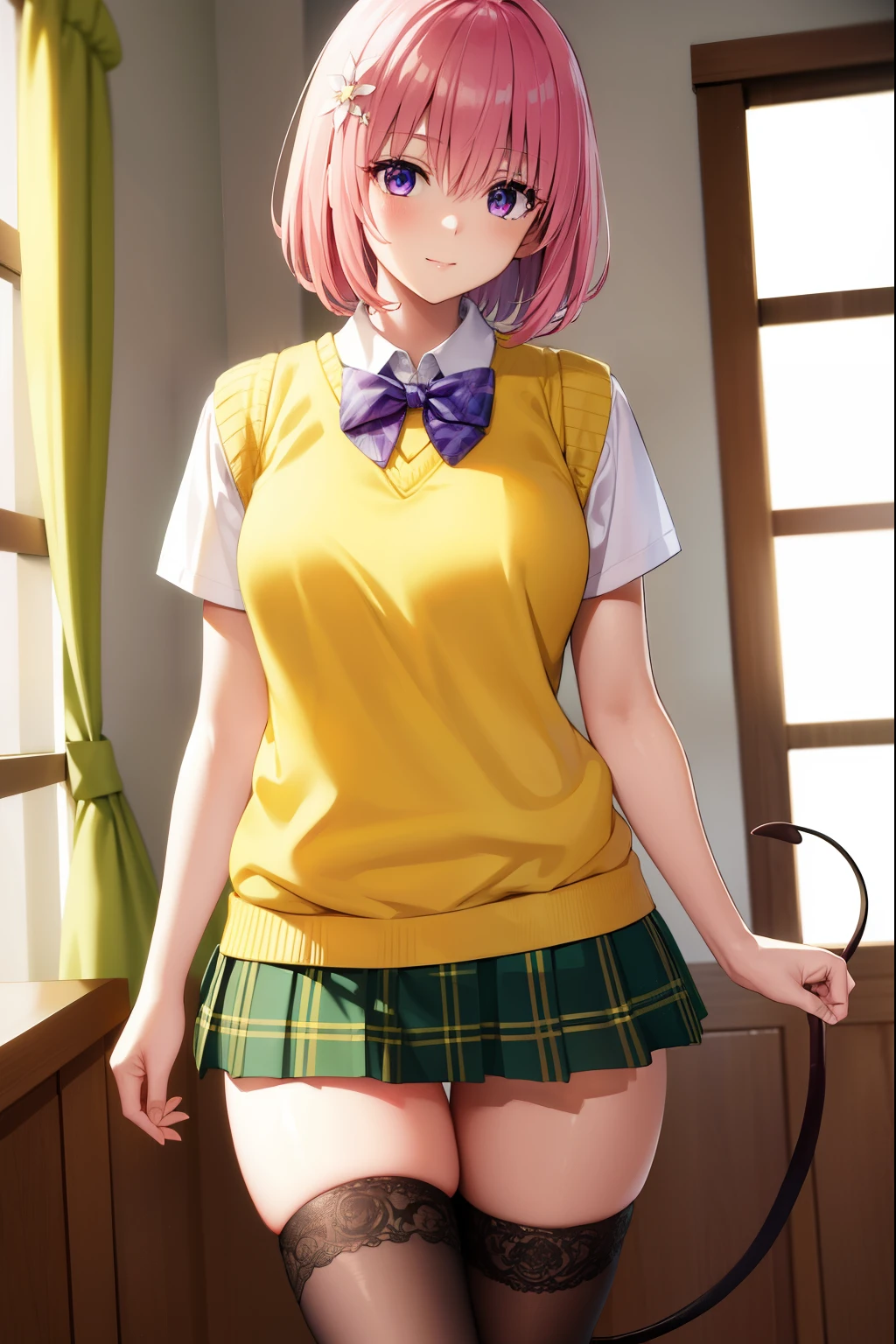 momodevilluke, momo deviluke, demon tail, hair flower, hair ornament, (purple eyes:1.1), pink hair, short hair, tail, smile,
BREAK demon tail, green skirt, plaid, plaid skirt, sainan high school uniform, school uniform, skirt, sweater vest, thighhighs, (yellow sweater:1.5), short sleeves, bow, green bow,
BREAK indoors, classroom,
BREAK looking at viewer, (cowboy shot:1.5),
BREAK (masterpiece:1.2), best quality, high resolution, unity 8k wallpaper, (illustration:0.8), (beautiful detailed eyes:1.6), extremely detailed face, perfect lighting, extremely detailed CG, (perfect hands, perfect anatomy),