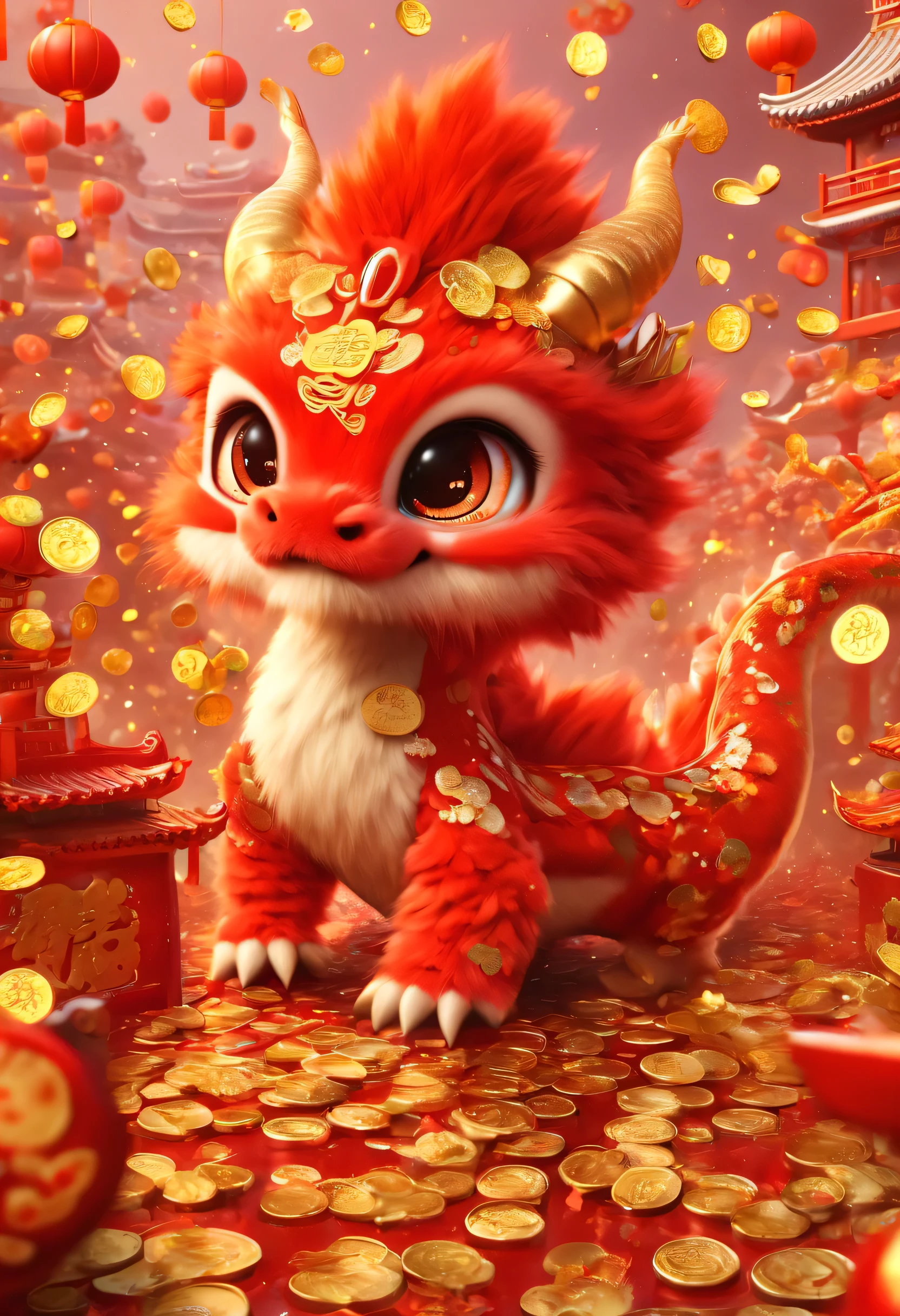 Chinese New Year is here，**** oriental dragon，spit out a lot of gold coins，big furry head，Raise your hand，so cute。Rain of gold coins and golden confetti，red confetti，Strong sense of atmosphere，Cute and cute，Hairy little paws。Wow...There are many gold coins in the air。symmetry。