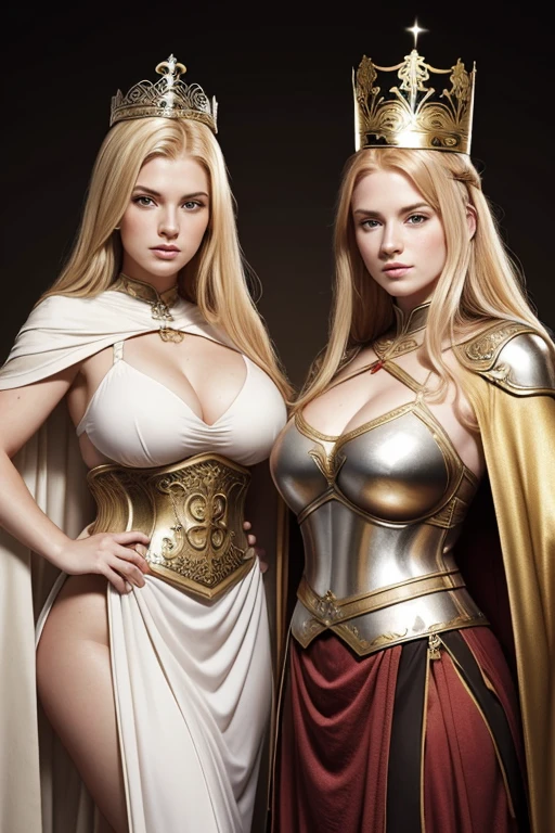 sisters of different ages, two blonde, one redhead,detailed faces, long hair, sexy, lesbians, curvy, tall, warriors roman, roman empire, using sexy armor with cape, using crown in head, queen