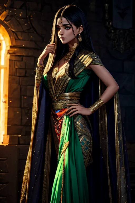 female, 5 foot 5 inches tall, slim body build, waist length wavy brunette to black hair, green eyes, 28 age, ethnicity india, ethnicity middle eastern, wizard clothing style, demure dress style, clothing not revealing, mage actively casting shadow magic, smoke effects.