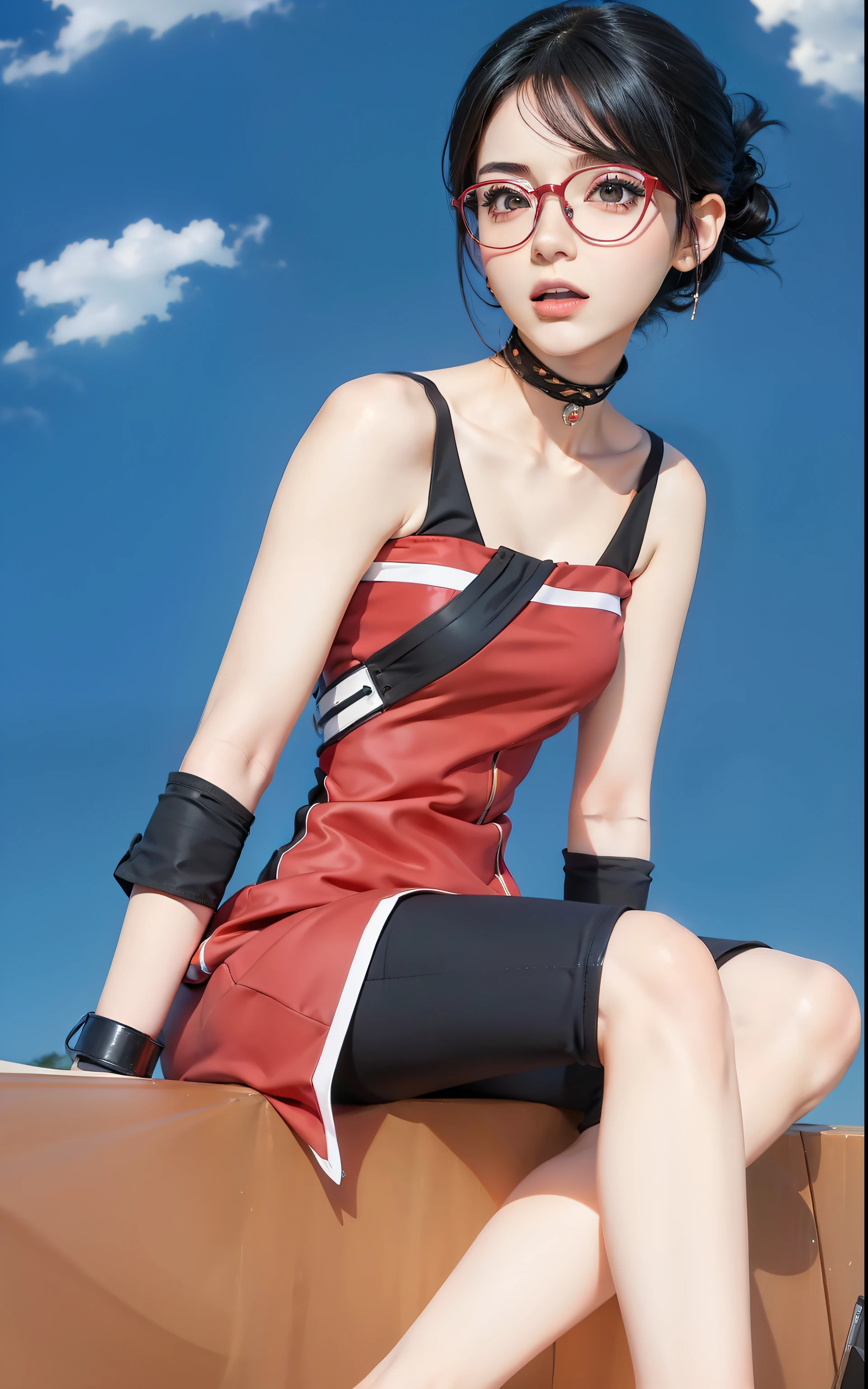 1 garota, Sarada Uchiha em Anime Boruto, cabelo curto, Cabelo preto, olhos vermelhos, sorriso, Lindo, vestido sexy, Roupas sensuais, roupas vermelhas, Wear red glasses, peito muito grande, realista clothes, roupas detalhadas, fundo ao ar livre, Ultra detalhe, realista