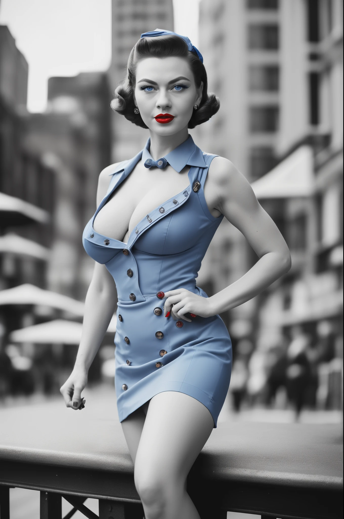 full body portrait of Betty (styled in a 1940's, Sailor Dress, highly detailed:1.3), (highly detailed face:1.8), (1940's Pompadour Hairstyle:1.3), (slim body, (red lips:1.3), (blue eyes:1.3), (large breasts:1.3), small hips:1.5), (leaning back on the bar:1.5), (background sidewalk downtown New York City 1940:1.4), (soft studio lighting, volumetric shadows), JCH Street Pan, ISO 100