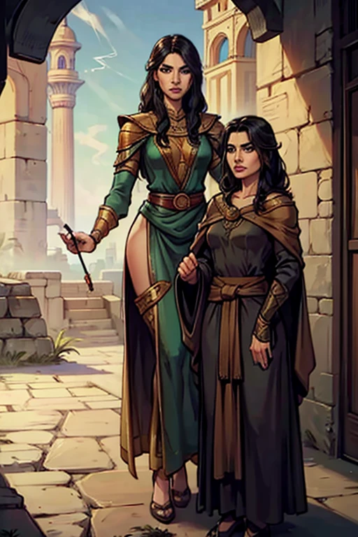 female, 5 foot 5 inches tall, slim body build, waist length wavy brunette to black hair, green eyes, 28 age, ethnicity india, ethnicity middle eastern, wizard clothing style, demure dress style, clothing not revealing, mage actively casting shadow magic, smoke effects.