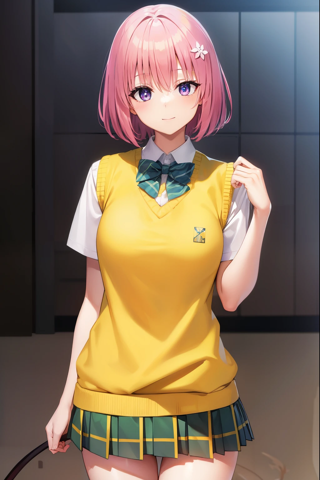 momodevilluke, momo deviluke, demon tail, hair flower, hair ornament, (purple eyes:1.1), pink hair, short hair, tail, smile,
BREAK demon tail, green skirt, plaid, plaid skirt, sainan high school uniform, school uniform, skirt, sweater vest, thighhighs, (yellow sweater:1.5), short sleeves, bow, green bow,
BREAK indoors, classroom,
BREAK looking at viewer, (cowboy shot:1.5),
BREAK (masterpiece:1.2), best quality, high resolution, unity 8k wallpaper, (illustration:0.8), (beautiful detailed eyes:1.6), extremely detailed face, perfect lighting, extremely detailed CG, (perfect hands, perfect anatomy),