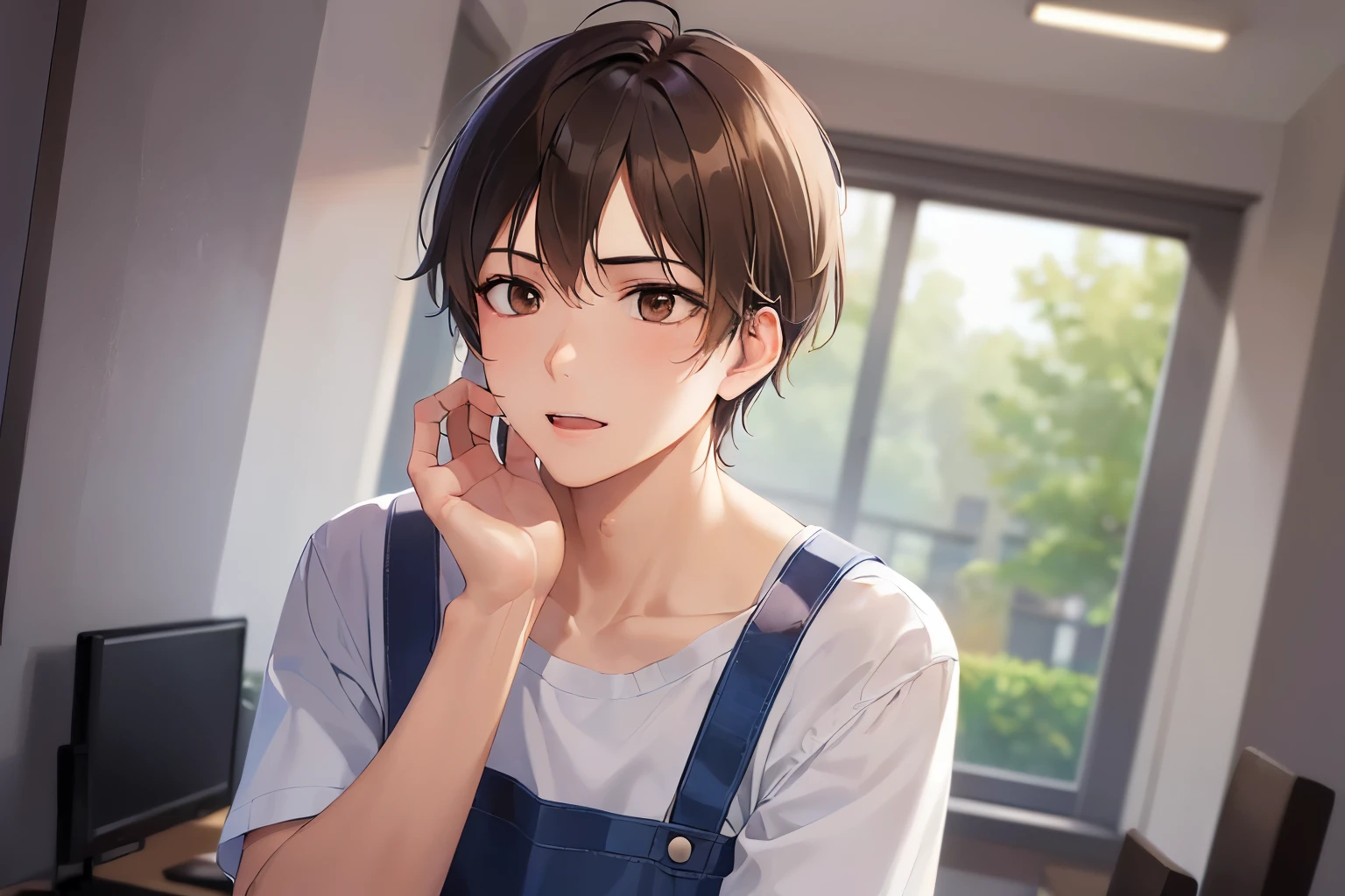 (looking away:1.5), Touching chin, dutch angle, masterpiece、high quality、(25 year old man with short brown hair and brown eyes:1.5)、white t-shirt、(Wearing a blue apron:1.5)、disgust, The background is a conference room、Alone、bold composition