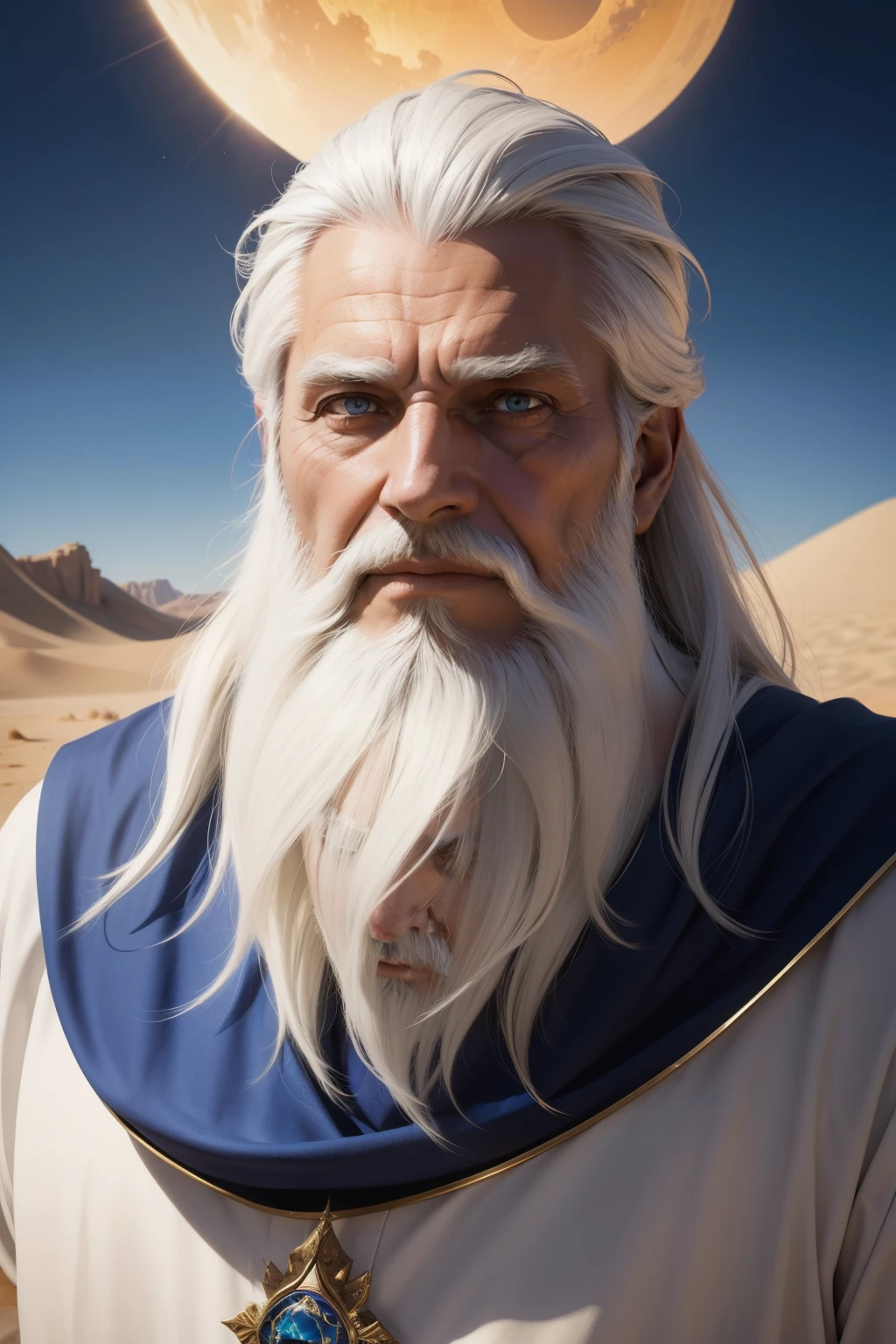 A captivating Disney-style avatar of an ageless prophet, featuring a voluminous white beard and luminous white hair, set against the backdrop of a sun-scorched desert. The prophet's eyes radiate wisdom and serenity, revealing intriguing depths. The image is rendered in high definition, with rich, vibrant colors, and features intricate details, evoking a sense of mysticism and wonder. --s2