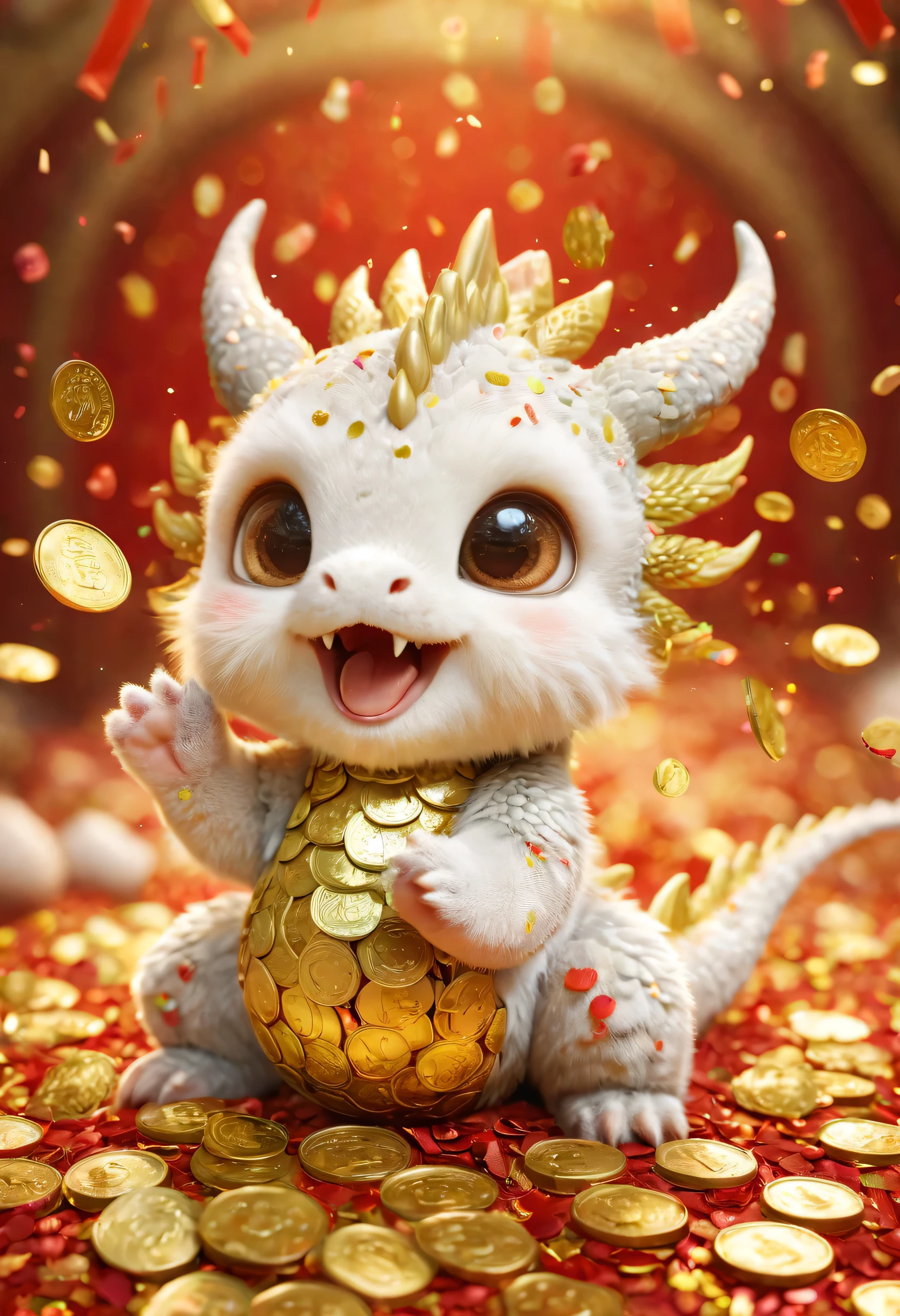 (best quality,high resolution), oriental dragon，big furry head,Raise your hands in a cute way,very cute,Gold coins and golden confetti rain down,red confetti,Strong sense of atmosphere,Cute and cuddly,Hairy little paws,Wow...There are many coins in the air,Symmetrical