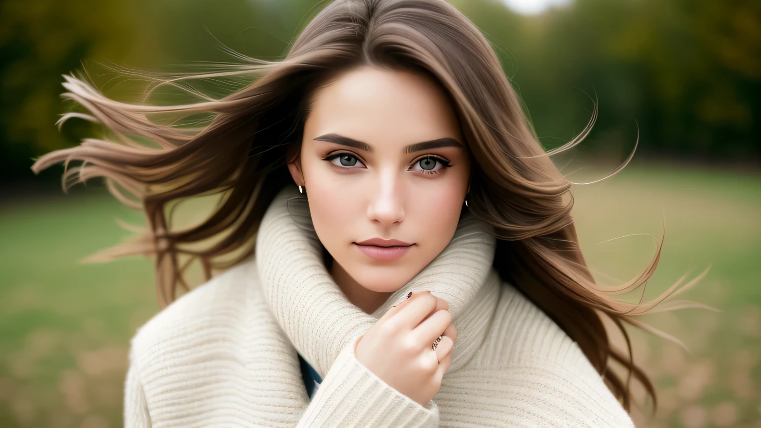 photo of a woman in the style of a model shoot, shoulder length hair, Hair fluttering in the wind, Nose Piercing, wearing a brown jacket and a white sweater, looking at the camera with a serious expression on his face, ƒ/2.4, 7.9 mm, 1/850, ISO 50