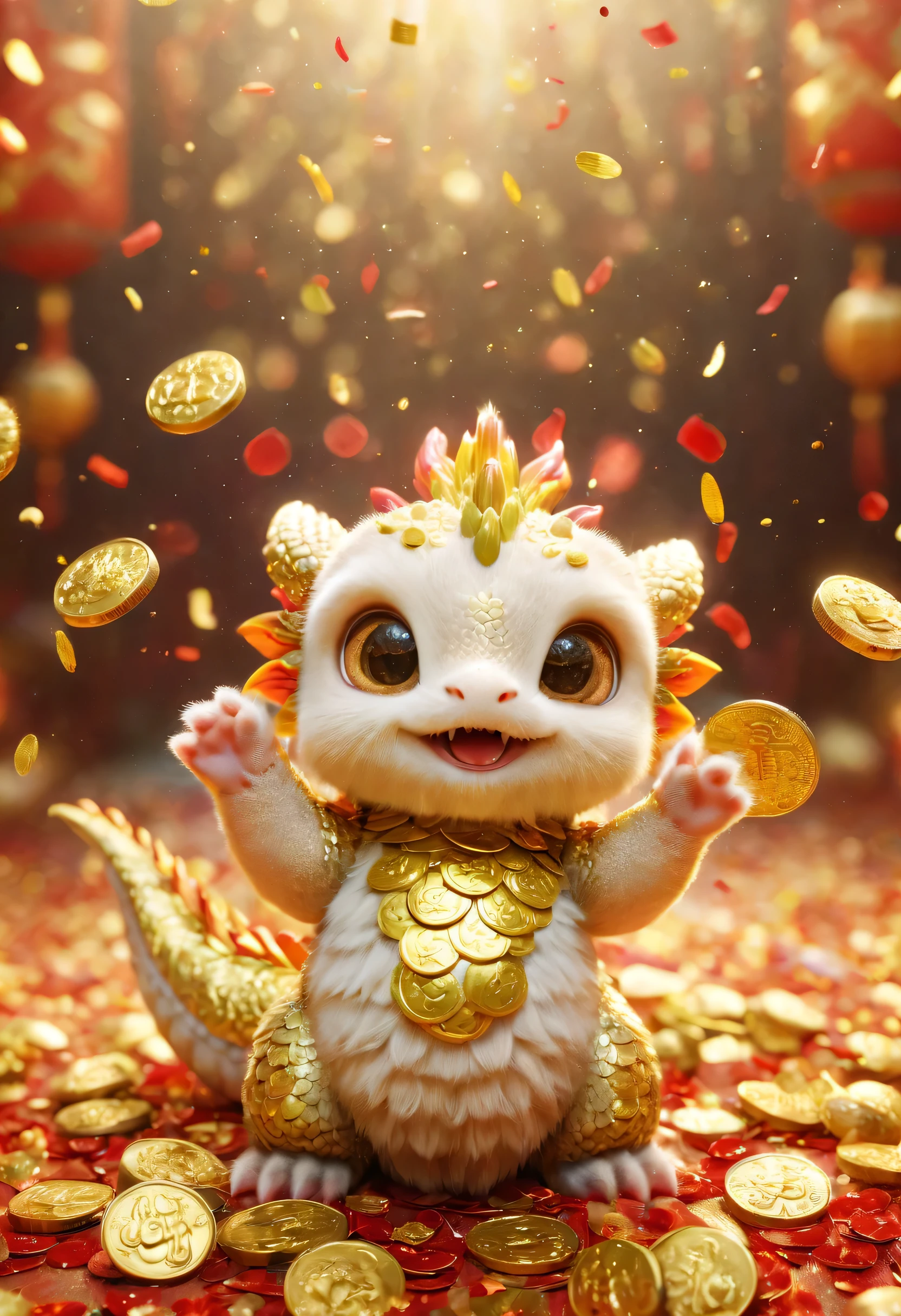 (best quality,high resolution),baby oriental dragon，big furry head,Raise your hands in a cute way,very cute,Gold coins and golden confetti rain down,red confetti,Strong sense of atmosphere,Cute and cuddly,Hairy little paws,Wow...There are many coins in the air,Symmetrical