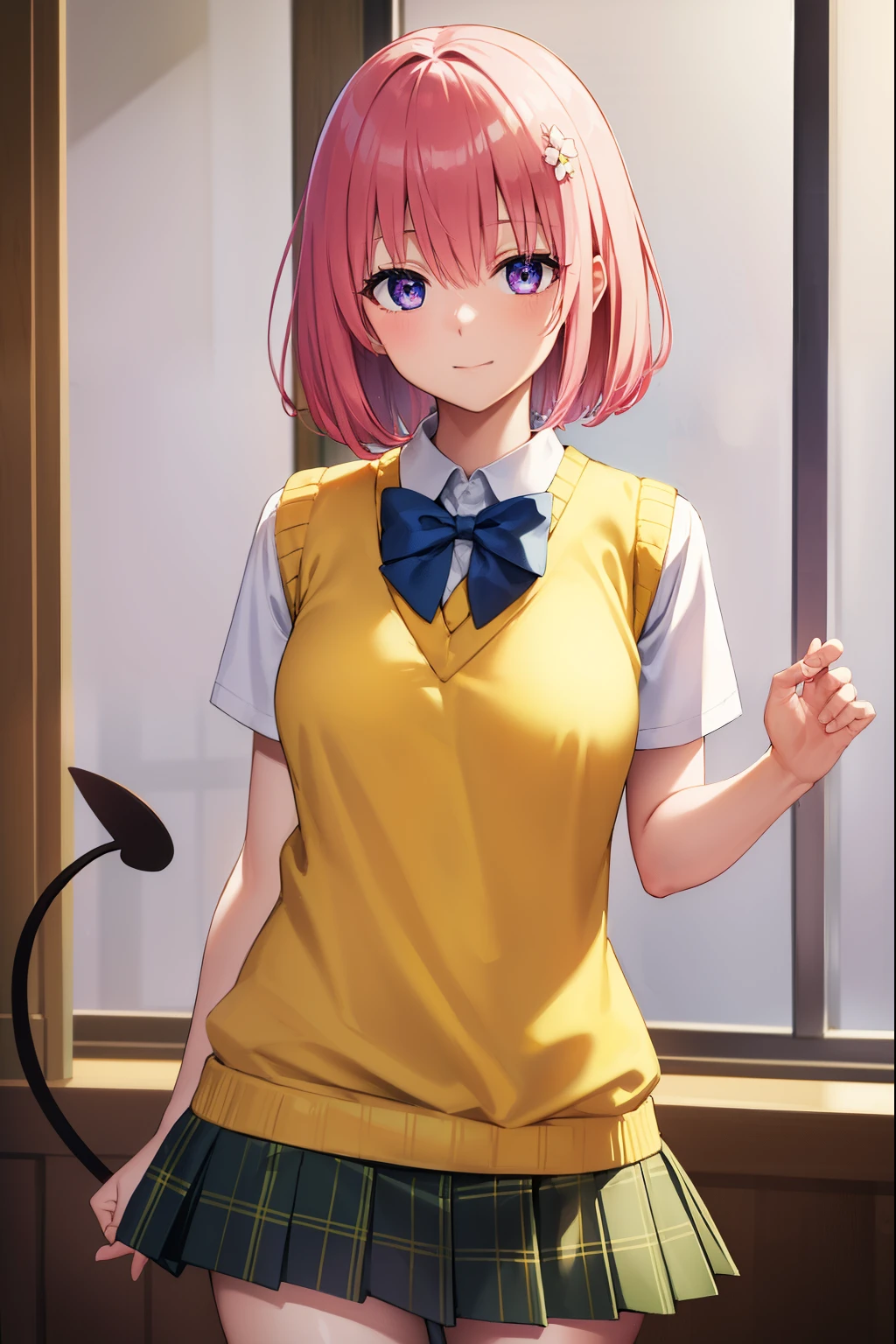 momodevilluke, momo deviluke, demon tail, hair flower, hair ornament, (purple eyes:1.1), pink hair, short hair, tail, smile,
BREAK demon tail, green skirt, plaid, plaid skirt, sainan high school uniform, school uniform, skirt, sweater vest, thighhighs, (yellow sweater:1.5), short sleeves, bow, green bow,
BREAK indoors, classroom,
BREAK looking at viewer, (cowboy shot:1.5),
BREAK (masterpiece:1.2), best quality, high resolution, unity 8k wallpaper, (illustration:0.8), (beautiful detailed eyes:1.6), extremely detailed face, perfect lighting, extremely detailed CG, (perfect hands, perfect anatomy),