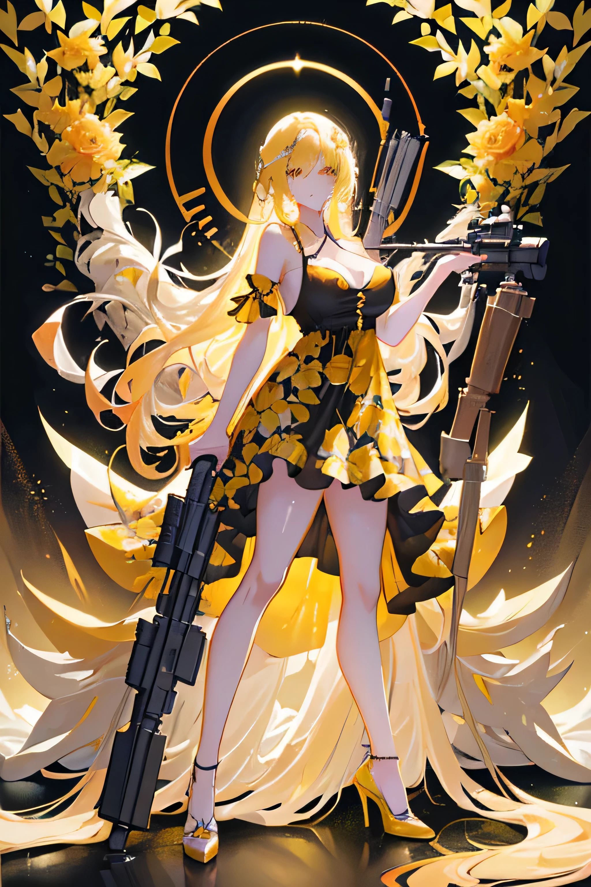 ((long yellow haired woman)), ((long legs)), ((floral sundress)), ((big breasts)), ((with a sniper in hands)), ((high heels)), ((standing with spread legs)), ((full body))