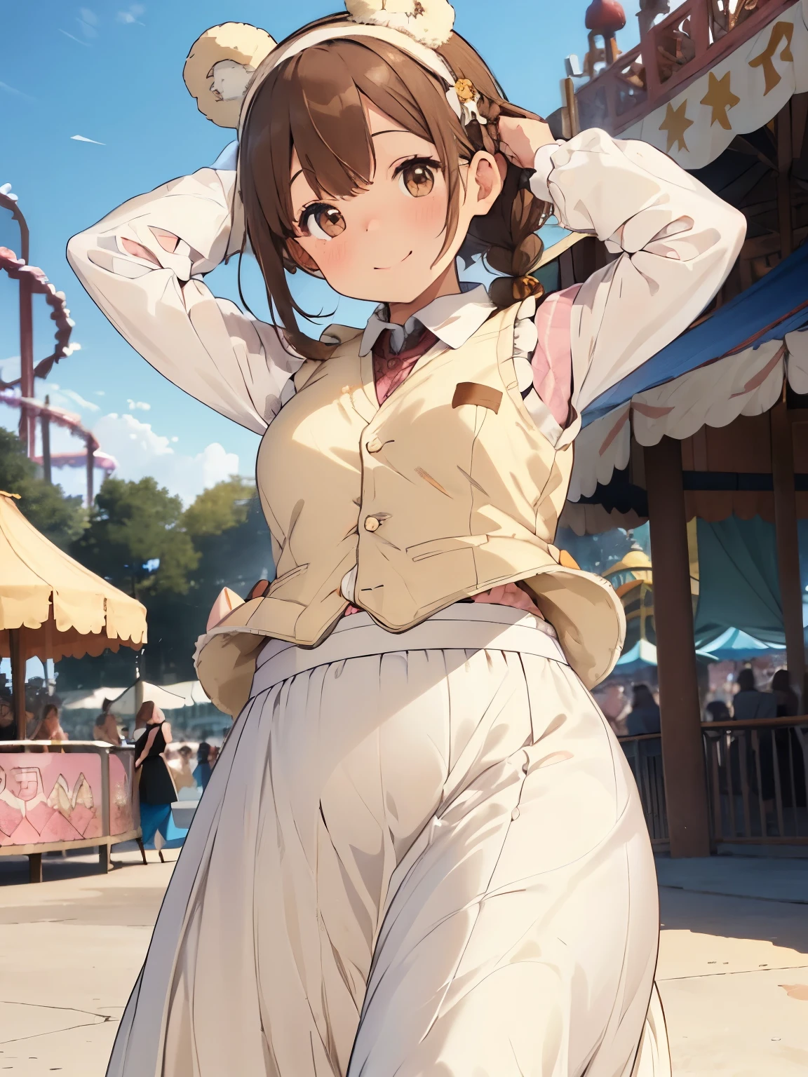 character//brown hair,brown eyes,Braided shorthair,With bangs,(eye size 1.6),(A happy smile),BREAK ((pink winter long sleeve shirt)),(The shirt pattern is striped),BREAK ((cream colored thick down vest:1.5)),((long skirt:1.4)),((Active movement:1.2)),((A bustling amusement park:1.3)),(Festive atmosphere),((bear ear hairband on head:1.25))