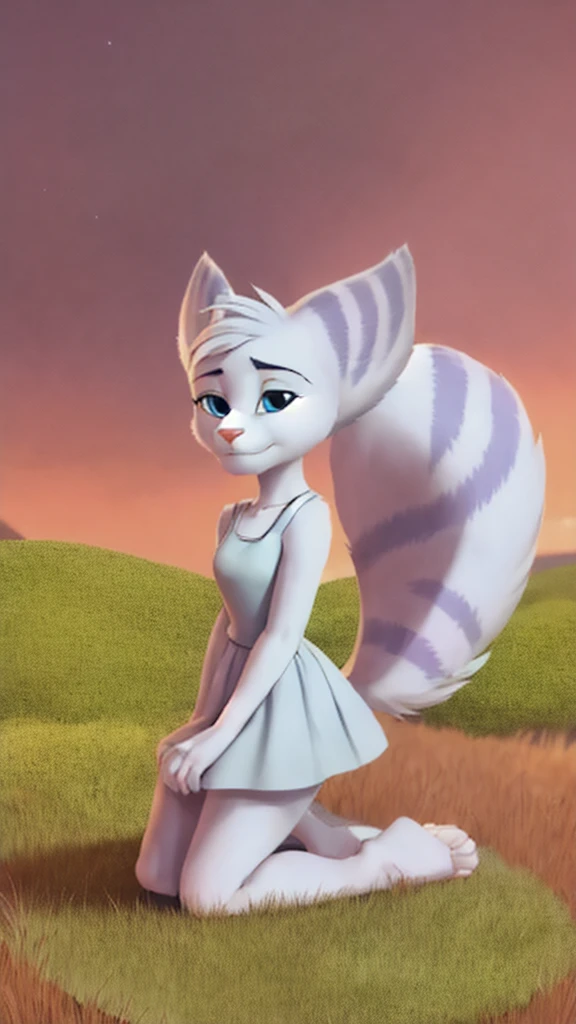 Furry Rivetlombax posing in an open field. (((She’s wearing a light blue sundress with a knee length skirt.))) (((Her tail emerges from a small hole in her dress.))) (((She is shown with two human feet, each with five toes.))) (((Her fluffy tail must be visible.))) (((She is shown kneeling down on one knee with her head down.)))