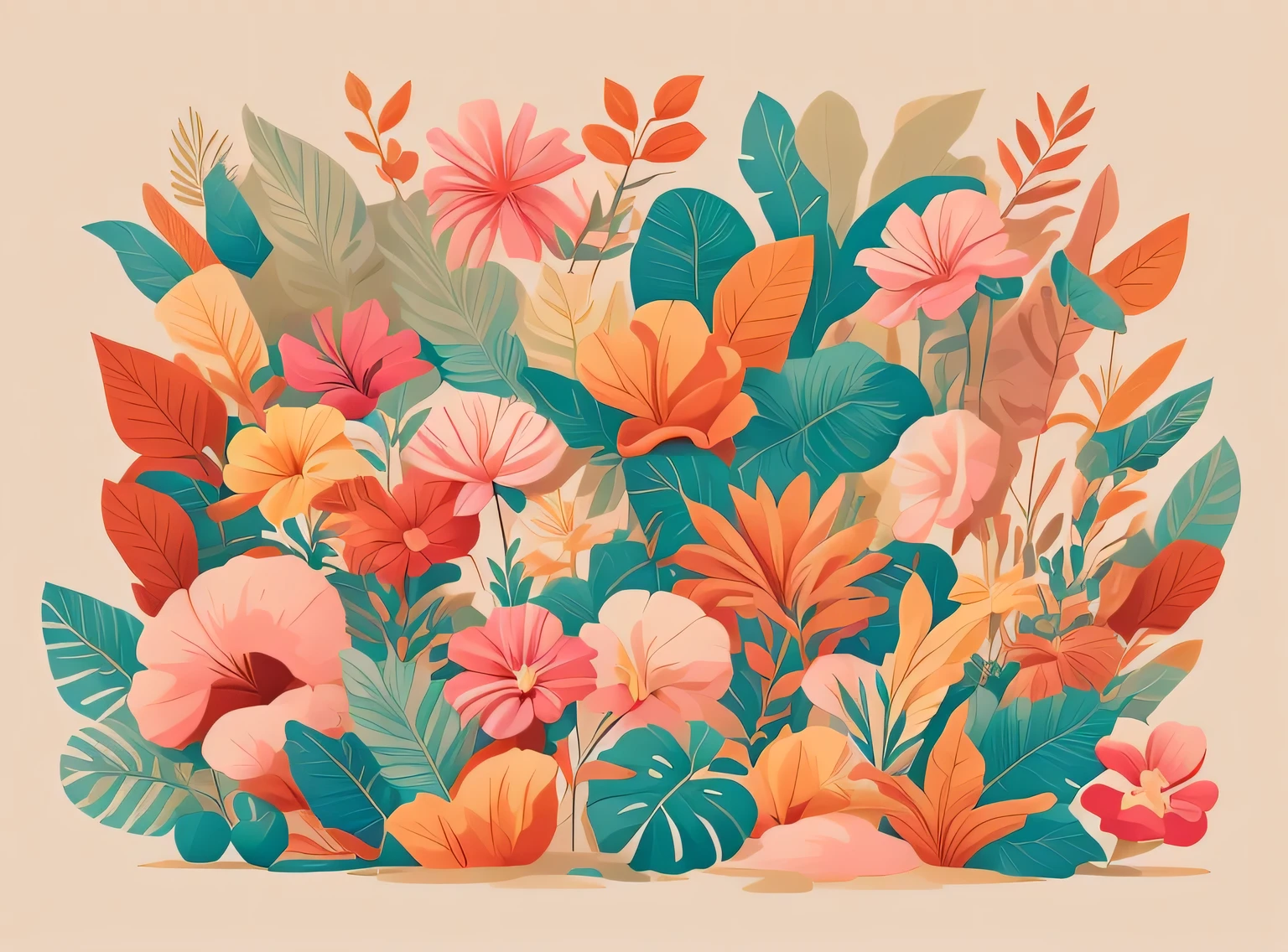Flora Print，Bege macio，rosa pastel，plantas tropicais，rzminjornada，arte vetorial，Loops de design