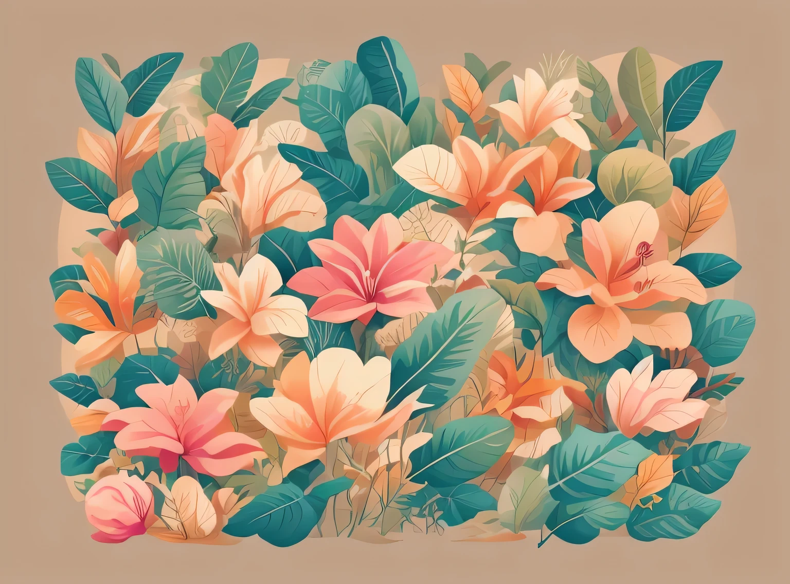 Flora Print，Bege macio，rosa pastel，plantas tropicais，rzminjornada，arte vetorial，Loops de design