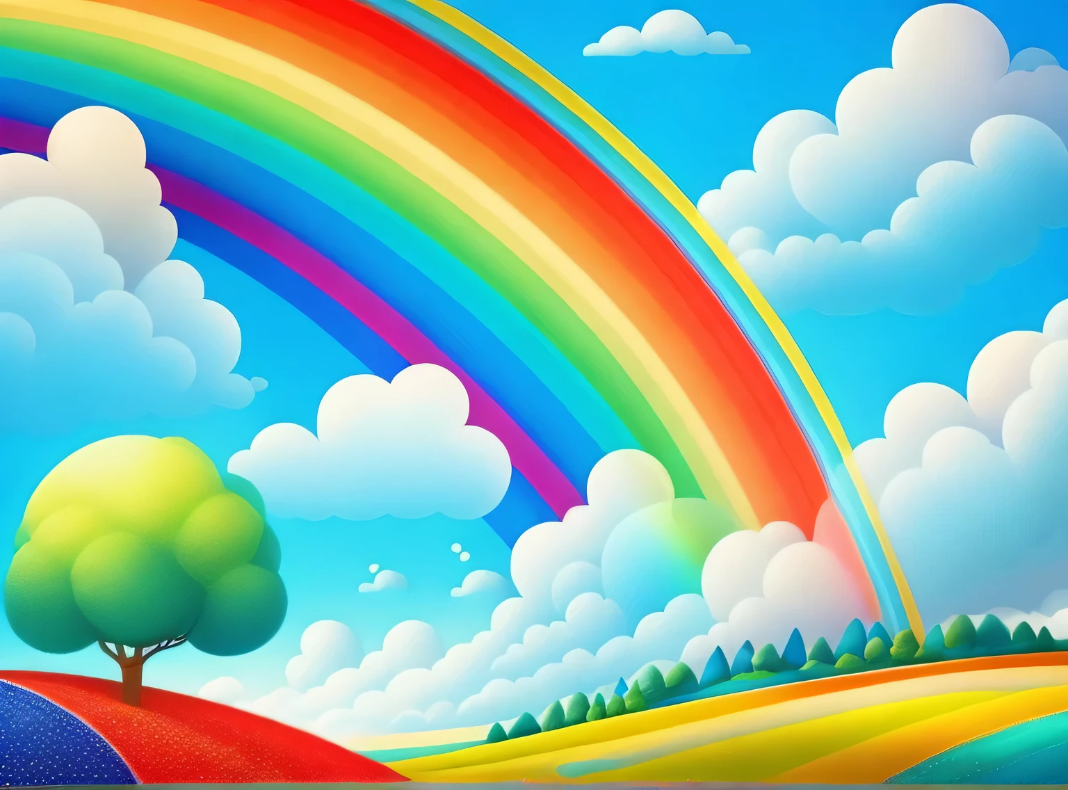 A landscape with a bright blue sky and a rainbow that stretches over a lush green field. Each color of the rainbow is well defined and intense, magical, children's picture book