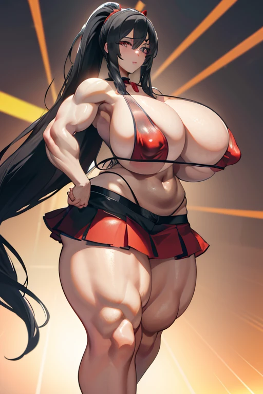 Best quality,8K,ultra high res:1.5),(Pretty very very long ponytail hair tied with red ribbon girl),(Huge breasts:1.20),(very voluptuous body),(very voluptuous thigh),(body builder girl:1.5),(wide muscle:1.8),(light smile),(eyes to camera),(light black hair),(red bra),(red short skirt),(nipples),(sexy abdominal muscles),(standing),(black shoes),(nipples),(blue eye ball),(naked)
