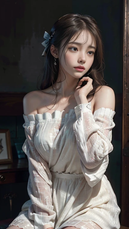 highest quality,masterpiece,ultra high resolution,(realistic:1.4),RAW photo,(real skin texture:1.3),(film grain:1.3),panorama,character portrait,very wide shot,tight waist,cowboy shot,(in the dark, deep shadow, discreet key, cold light,) night,close,tears flow,
indoor,dust,Tyndall effect,sad,It was disappointing,dark (Performance),sitting,(towards the wall),Are crying,frown,(bow your head),nervous,tear up,lonely,
1 girl,Beautifully detailed eyes and face,white jabot,off shoulder,brown eyes, profile、