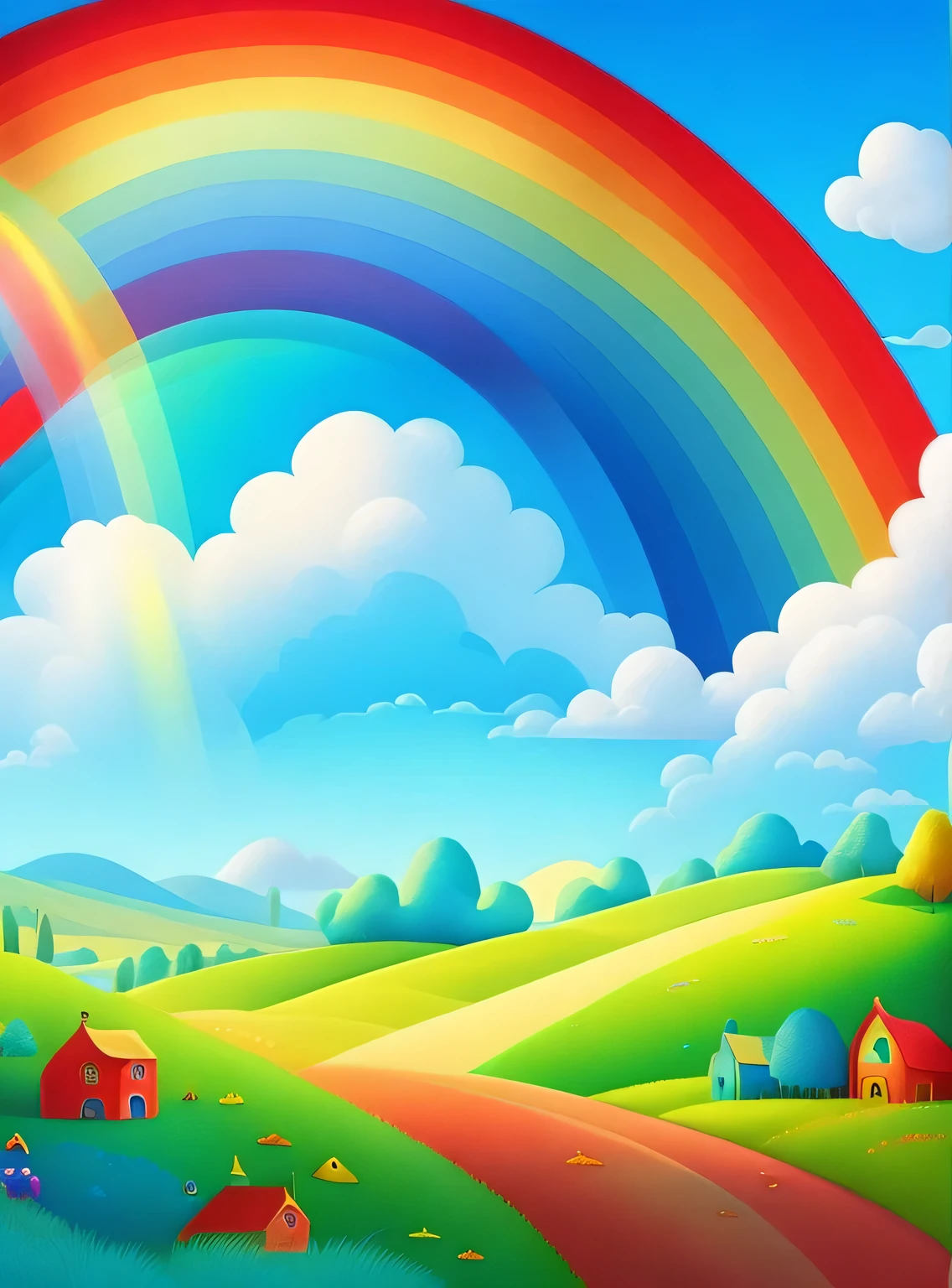 A landscape with a bright blue sky and a rainbow that stretches over a lush green field. Each color of the rainbow is well defined and intense, magical, children's picture book