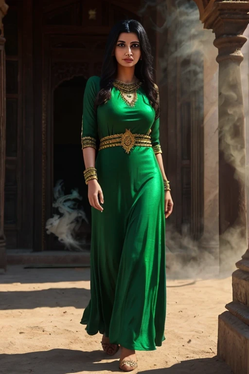 female, 5 foot 5 inches tall, slim body build, waist length wavy brunette to black hair, green eyes, 28 age, ethnicity india, ethnicity middle eastern, wizard clothing style, clothing 1930 clothing style demure dress style, clothing not revealing, mage actively casting shadow magic, smoke effects.