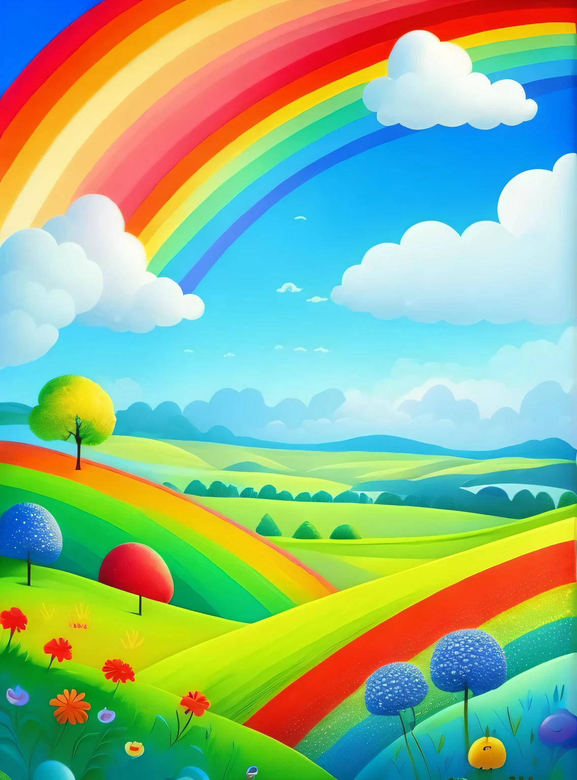 A landscape with a bright blue sky and a rainbow that stretches over a lush green field. Each color of the rainbow is well defined and intense, magical, children's picture book