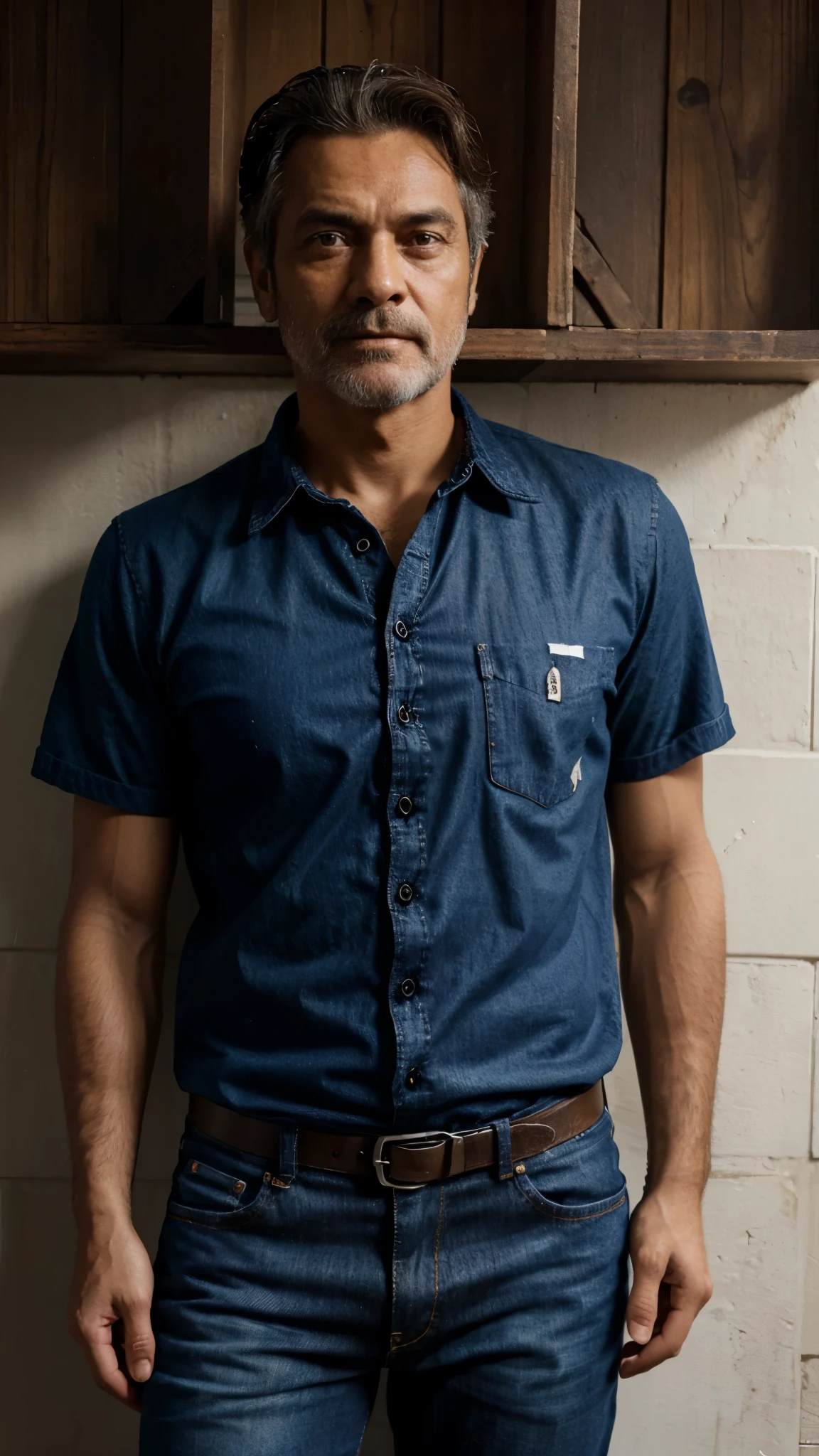 Homem, velho, Pele escura, jeans, Camisa social, camisa escrito "Capeta Bucket" e uma imagem de diabo.