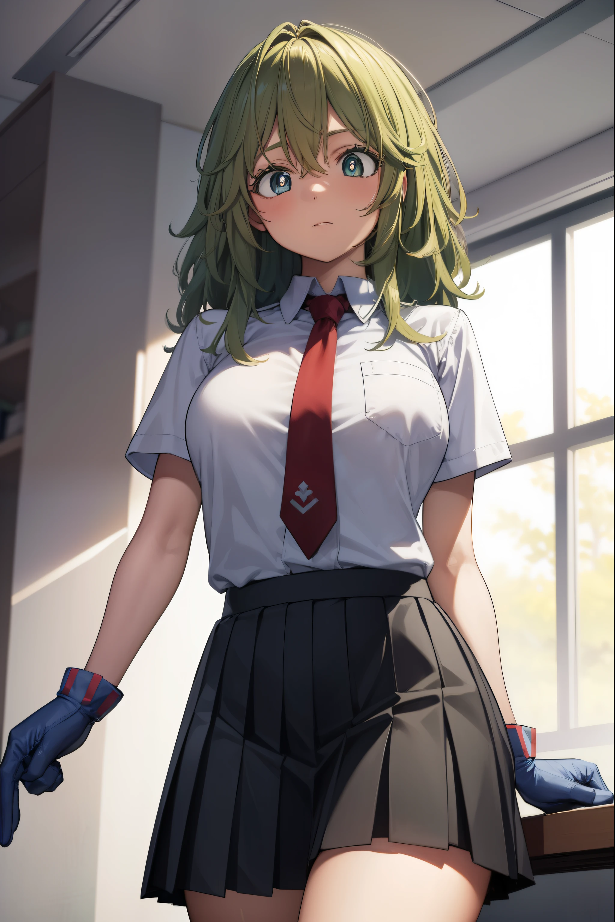 tooruhagakure, tooru hagakure, (green eyes:1.5), green hair, messy hair, multicolored hair, thick eyelashes, two-tone hair,
BREAK collared shirt, gloves, blue skirt, necktie, pleated skirt, red necktie, school uniform, shirt, skirt, u.a. school uniform, white shirt,
BREAK looking at viewer, full body,
BREAK indoors, classroom,
BREAK (masterpiece:1.2), best quality, high resolution, unity 8k wallpaper, (illustration:0.8), (beautiful detailed eyes:1.6), extremely detailed face, perfect lighting, extremely detailed CG, (perfect hands, perfect anatomy),